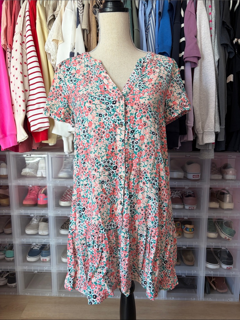 LOFT Coral and Green Floral Button-Front Mini Dress